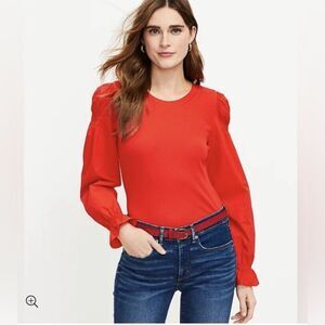 LOFT Ruffle Cuff Mixed Media Blouse - Viva Red - Size Medium